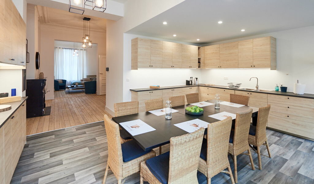 fully equipped kitchen including oven and microwave in a fully renovated co-housing in Brussels