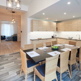 fully equipped kitchen including oven and microwave in a fully renovated co-housing in Brussels