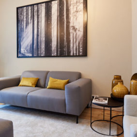 stylish living room with quality sofas in a shared flat for expats in Brussels