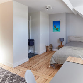 high-end room with a comfortable double bed and a private shower in a shared flat in Brussels