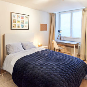 high-end room with a comfortable double bed and a private shower in a shared flat in Brussels