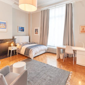 high-end room with a comfortable double bed and a private shower in a shared flat in Brussels