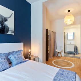 blue-designed comfortable room with quality furniture and a private shower in a community focused house for expats in Brussels