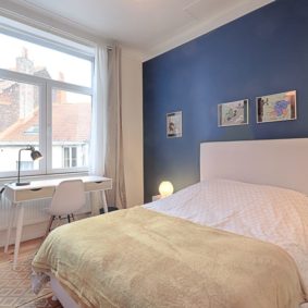 room with a double bed and a private shower in a fully refurbished home for expats in Brussels