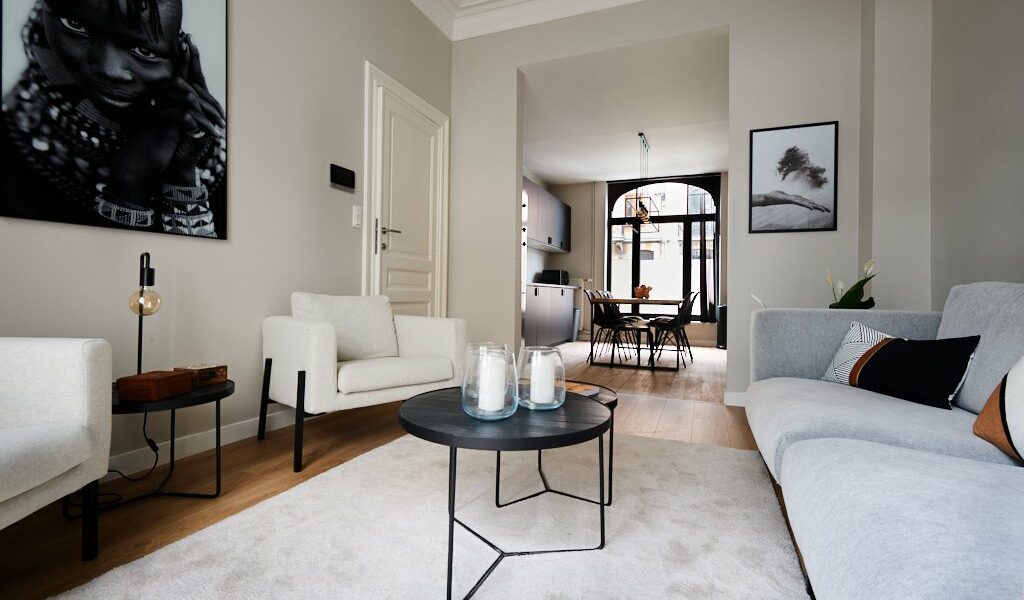 well designed living room with plants and cozy carpet in a shared house for young professionals in Brussels