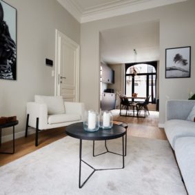 well designed living room with plants and cozy carpet in a shared house for young professionals in Brussels