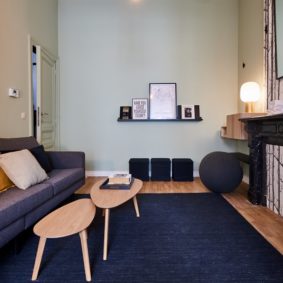 well designed living room with sofa and cozy carpet in a shared house for young professionals in Brussels near the European commission