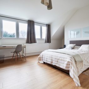 Fully renovated spacious bedroom with ensuite bathroom and garden view in a community-driven shared house