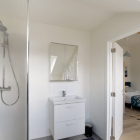 Private spacious bathroom with shower, sink and WC in stylish renovated home near in trendy neighborhood La Chasse to live in community spririt
