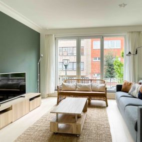 Stylish living room decorated by a Belgian interior design and architect with TV and high speed inernet wifi in a shared house for young expats in Brussels