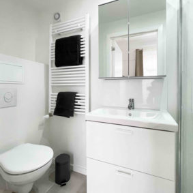 Private bathroom with shower, sink and toilet in fully renovated house